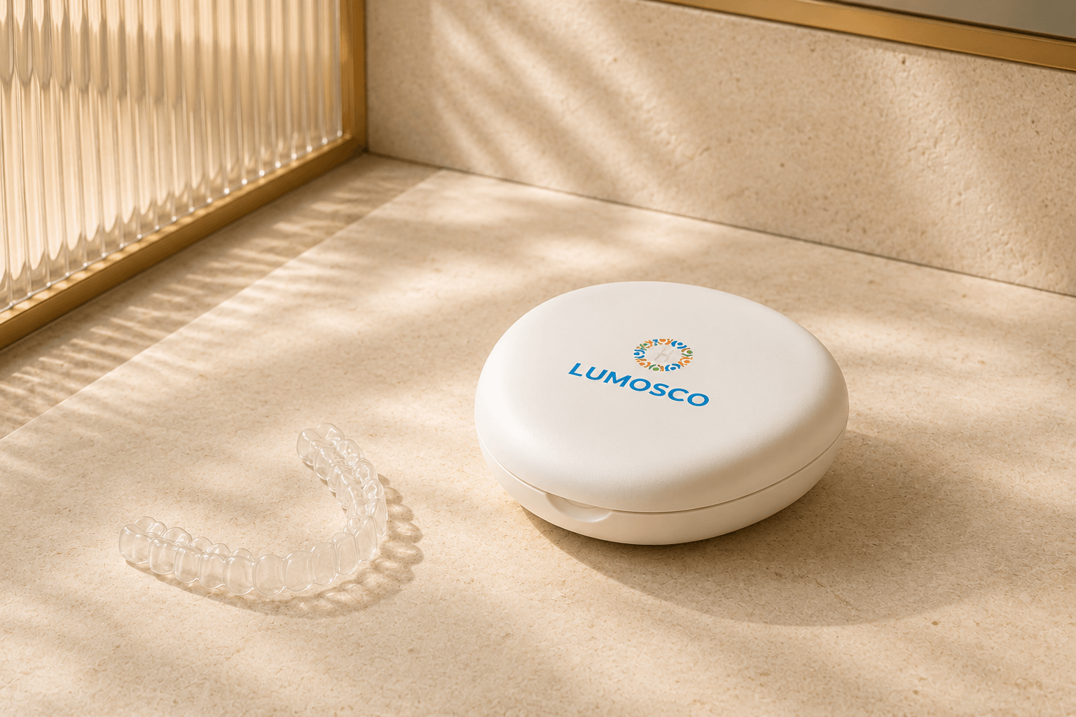 The real LUMOSCO aligner case stored beside a clear aligner