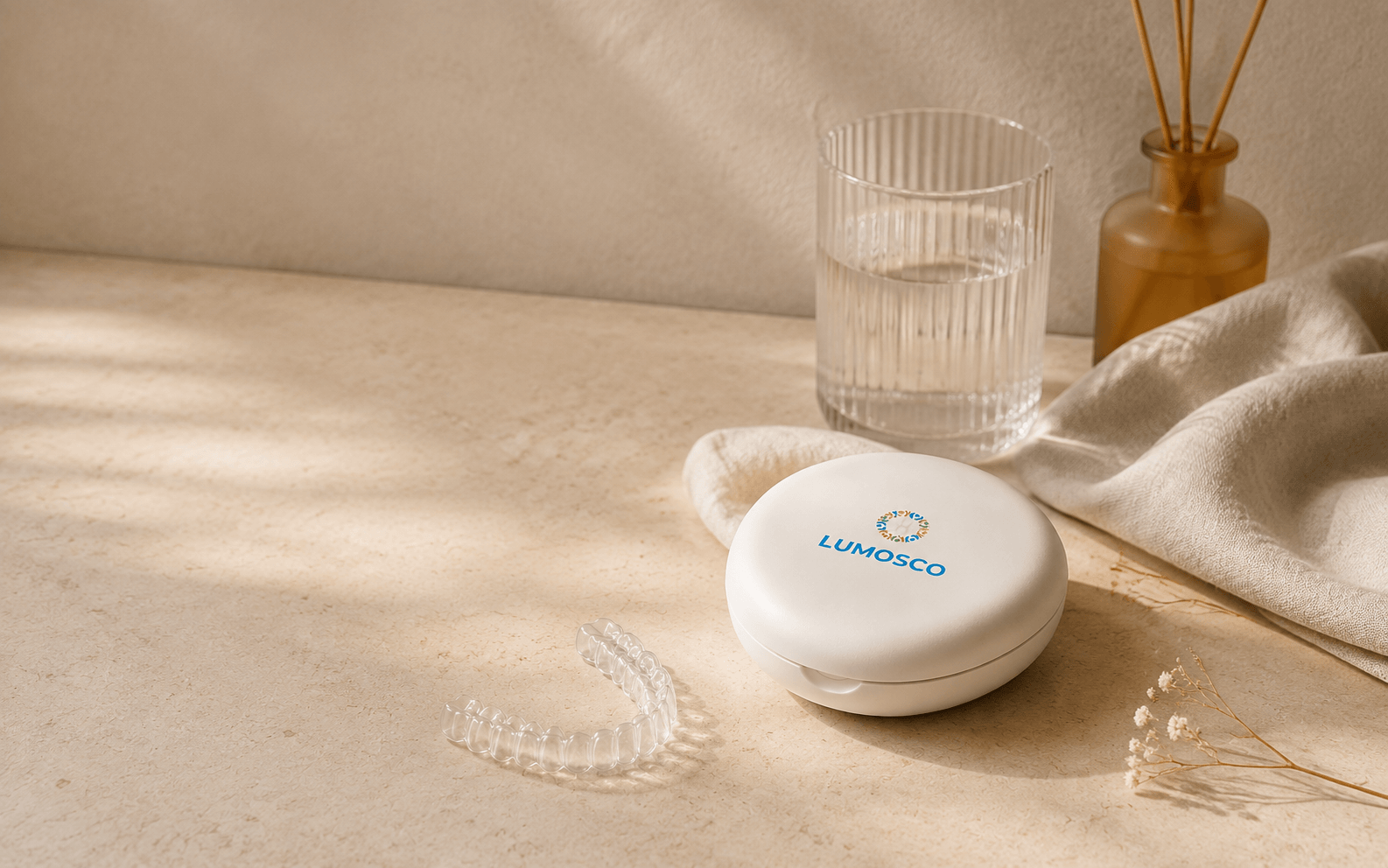 LUMOSCO clear aligner and storage case arranged with everyday care essentials