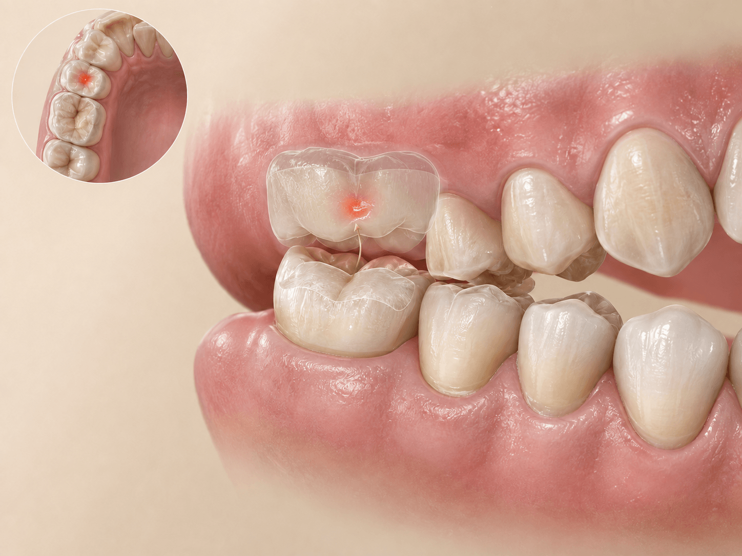 Posterior bite close-up highlighting an early contact, wear facet and corrected position