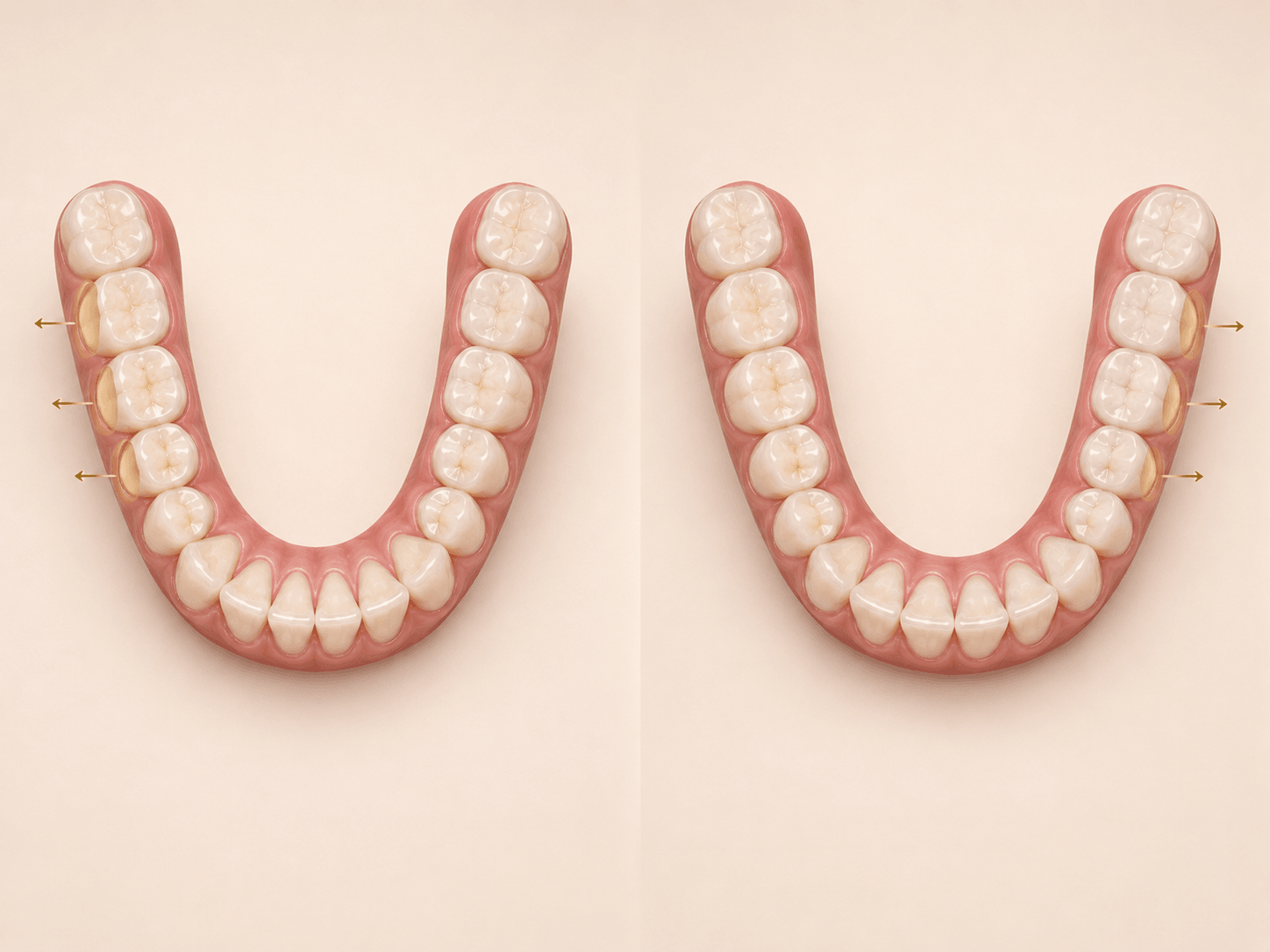 Side-by-side staged mandibular views showing posterior distalization and IPR progression before the next aligner set