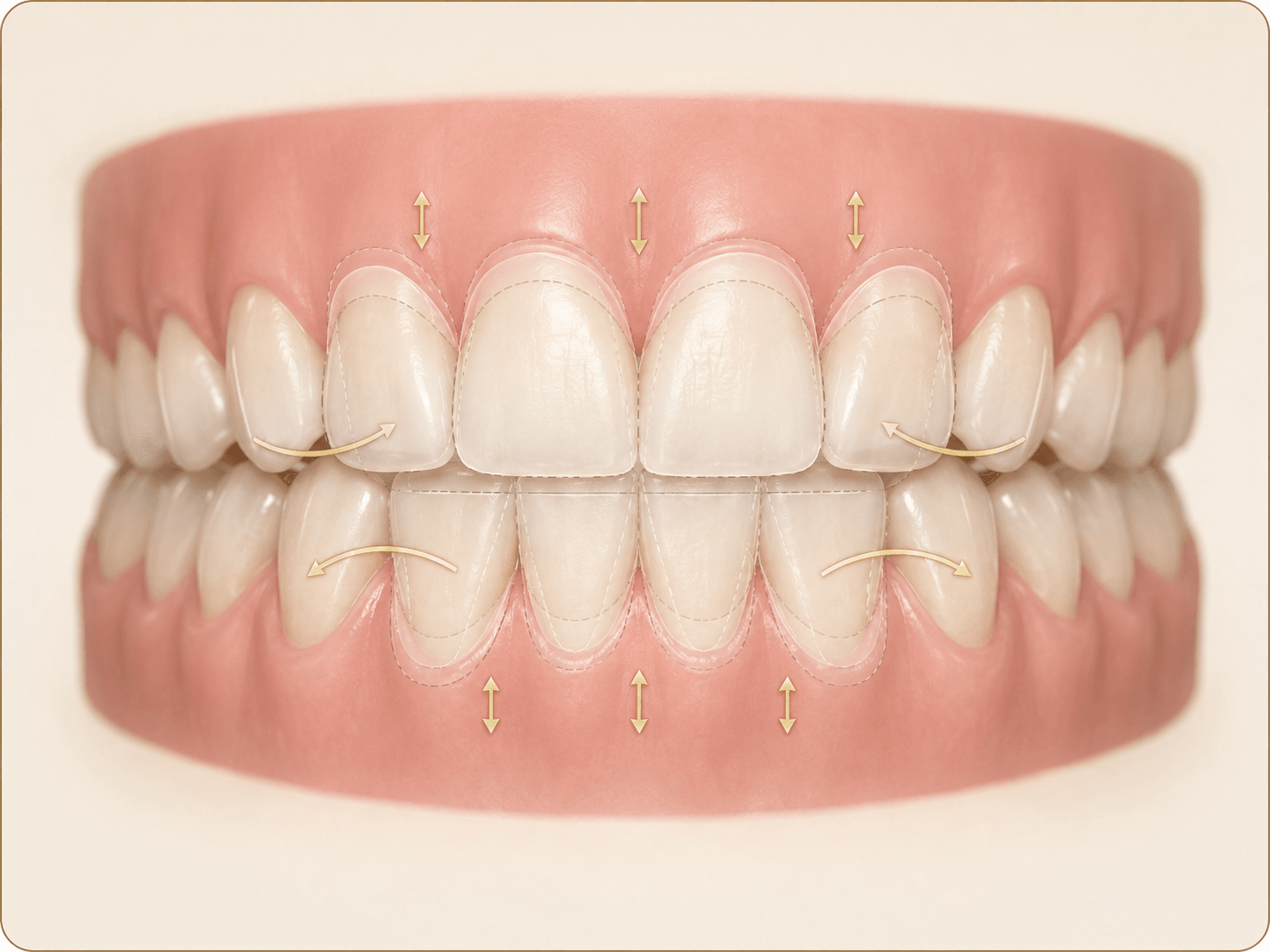 Anterior dental setup showing vertical and labiolingual torque vectors with ghosted target positions