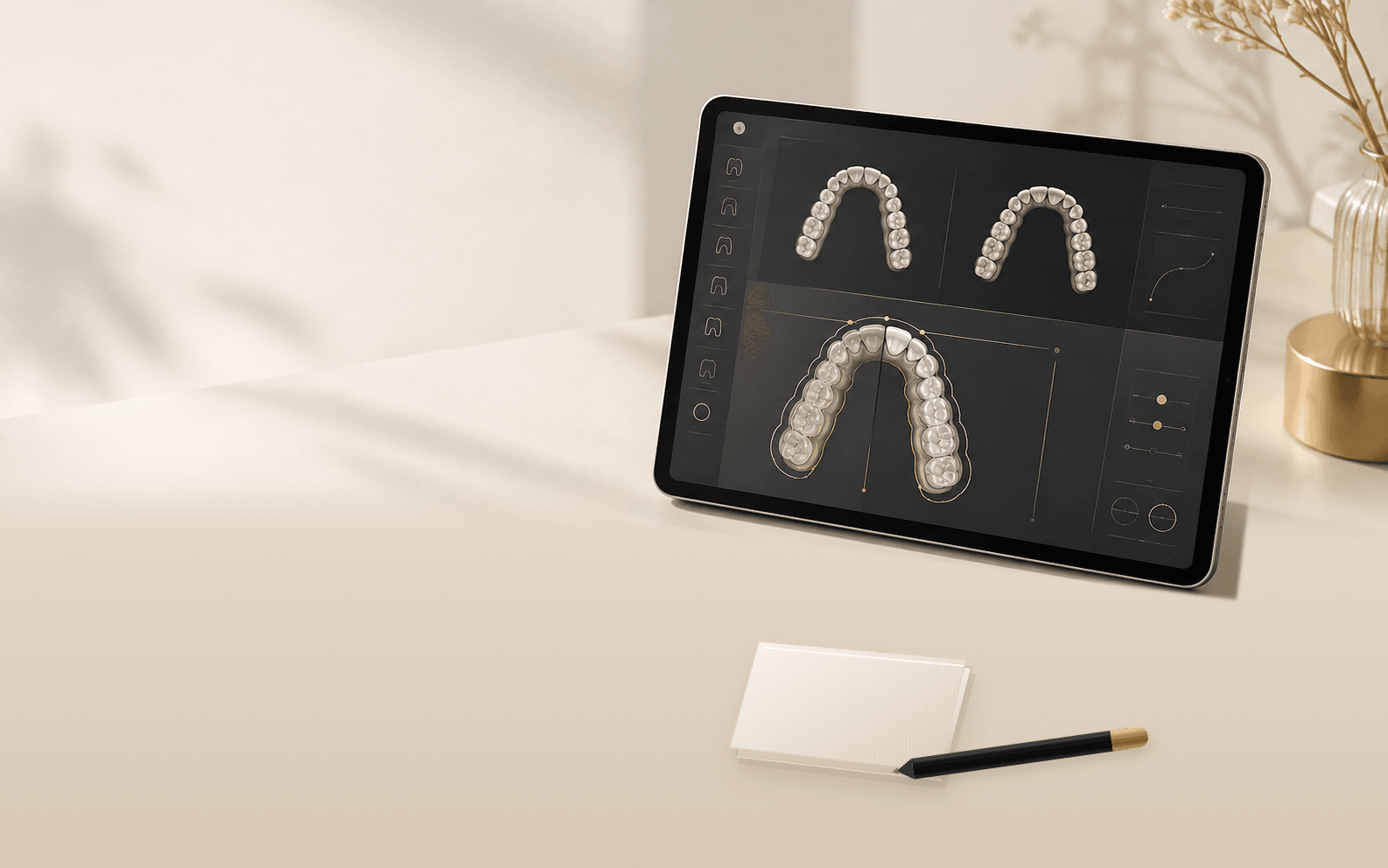 Digital scan comparison displayed on a tablet beside a notebook and stylus in a calm treatment-planning workspace
