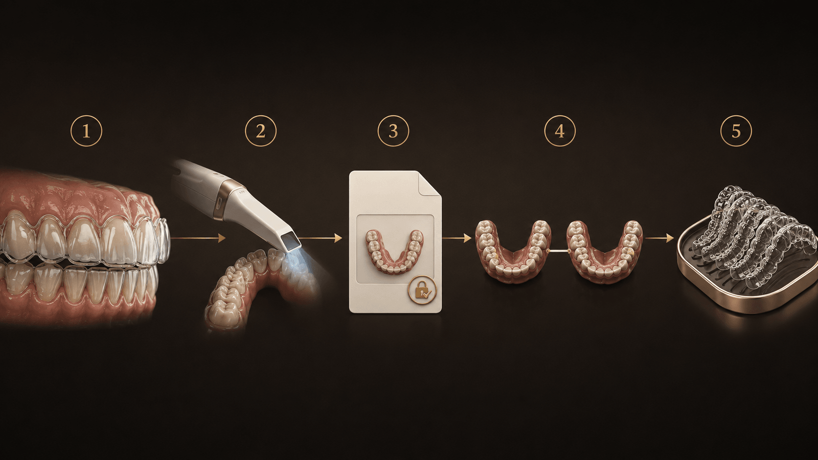 Five-step visual workflow from aligner fit check to the next aligner set